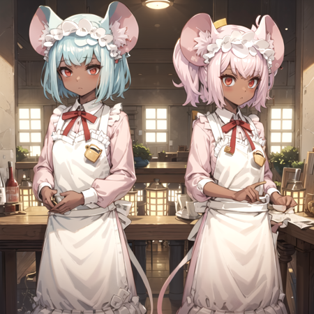 two anime mouse girls dressed in pink with aprons standing in front of building, dark-skinned f (1).png